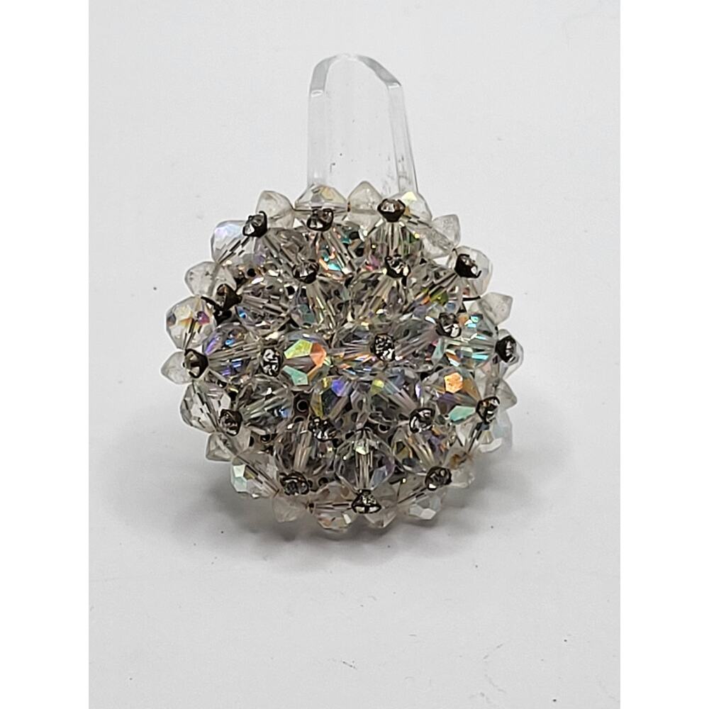 Vintage Crystal Bead Cluster Brooch Clear AB Rhinestone Dome Pin